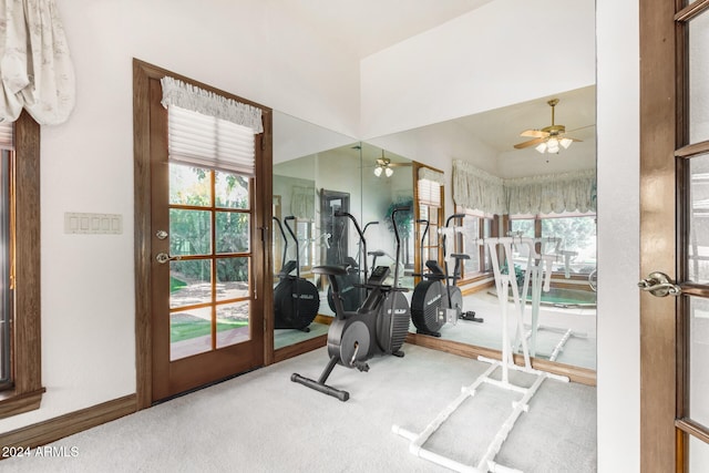 workout room featuring carpet and ceiling fan