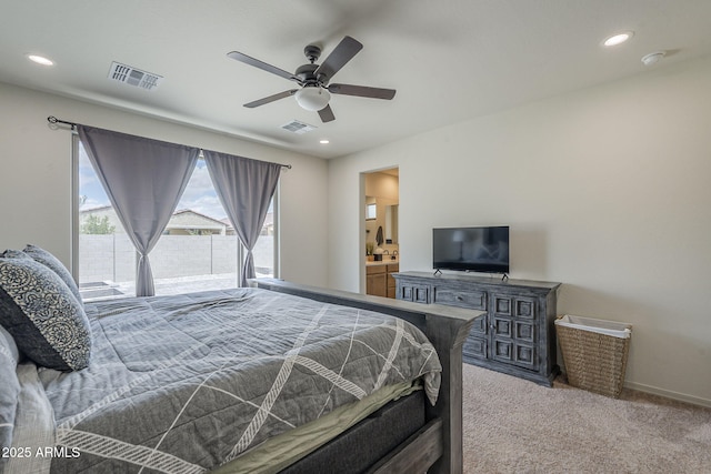 17618 W Medlock Dr, Litchfield Park, AZ 85340 - bedroom featuring light colored carpet, access to outside, ceiling fan, recessed lighting, and baseboards