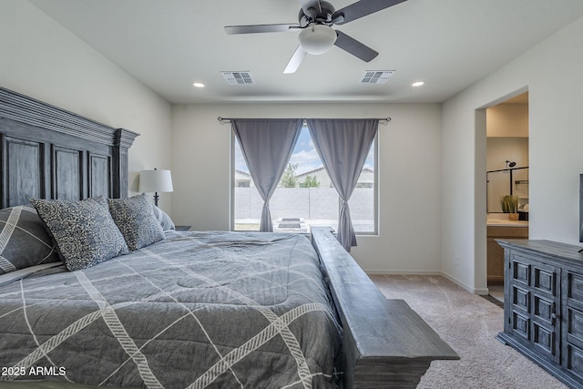 17618 W Medlock Dr, Litchfield Park, AZ 85340 - carpeted bedroom with baseboards, recessed lighting, ceiling fan, and connected bathroom