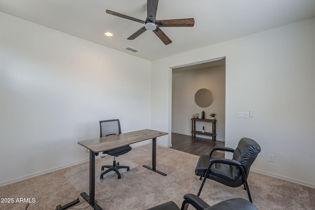 17618 W Medlock Dr, Litchfield Park, AZ 85340 - home office with ceiling fan, carpet floors, baseboards, and recessed lighting
