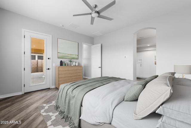 bedroom featuring ceiling fan and wood-type flooring