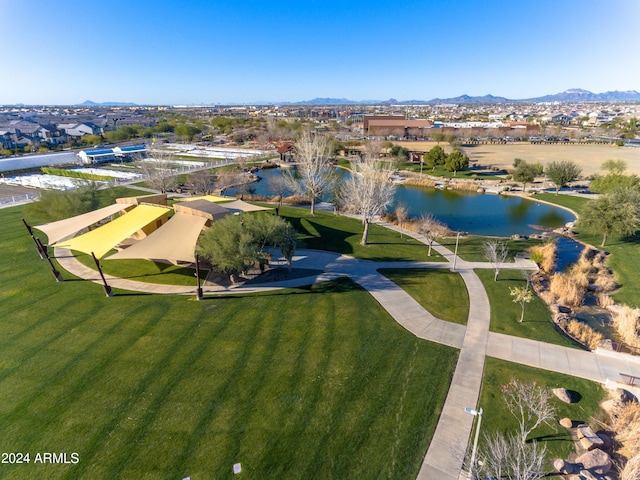 bird's eye view featuring a water and mountain view