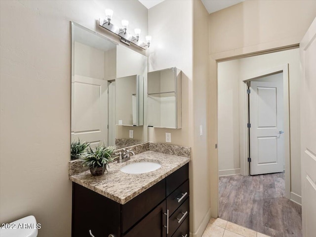 bathroom with vanity, wood-type flooring, and toilet