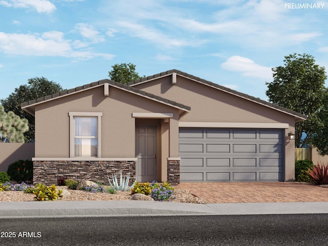 view of front of house with a garage, stone siding, decorative driveway, and stucco siding