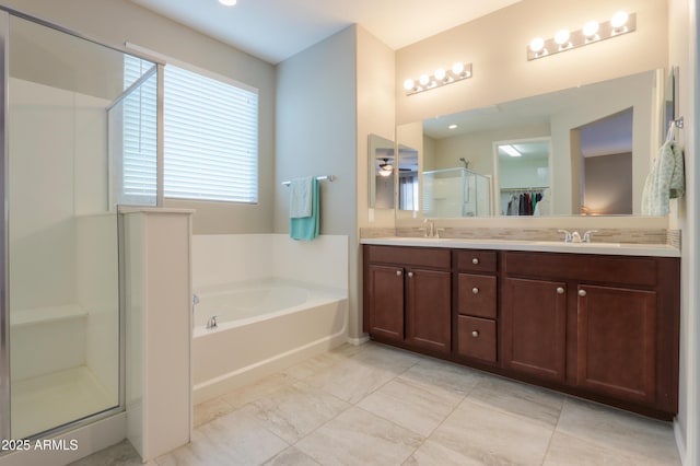 bathroom with vanity and plus walk in shower