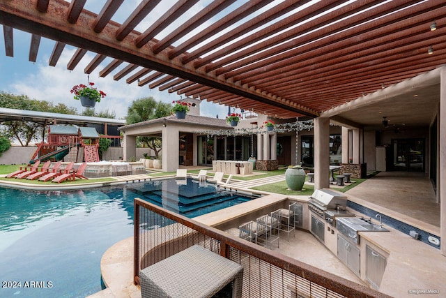 view of pool featuring a patio, area for grilling, and a playground