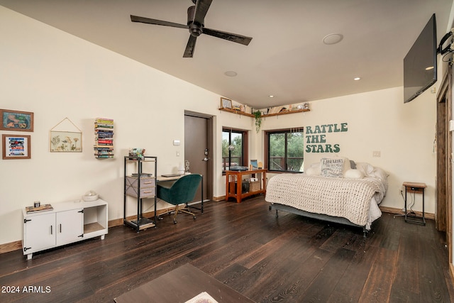 bedroom with hardwood / wood-style flooring and ceiling fan