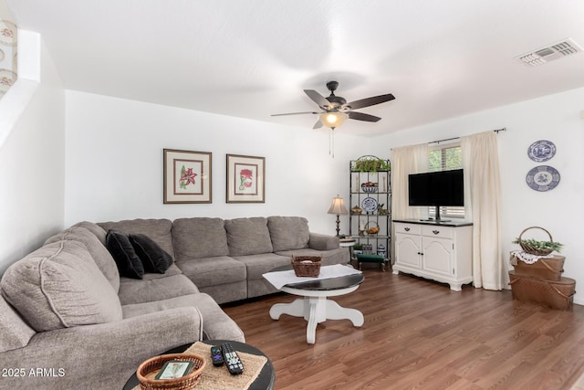 living area with dark wood-style floors, ceiling fan, and visible vents