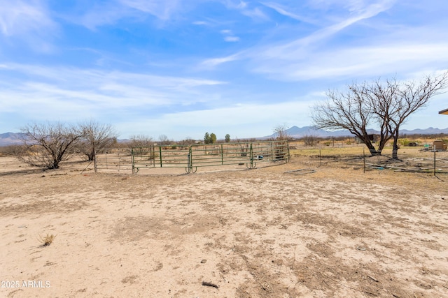 view of yard with a rural view, an outdoor structure, and a mountain view