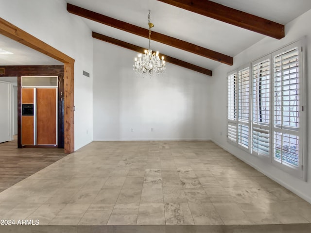 unfurnished dining area featuring vaulted ceiling with beams and a notable chandelier