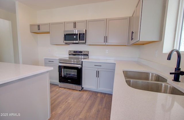 4115 N Monarch Dr, Eloy, AZ 85131 - kitchen with stainless steel appliances, a sink, gray cabinetry, and light wood-style flooring