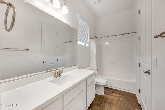 9017 E June Cir, Mesa, AZ 85207 - bathroom with toilet, vanity, shower / bathtub combination with curtain, and wood finished floors