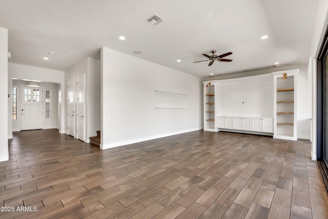 9017 E June Cir, Mesa, AZ 85207 - unfurnished living room with recessed lighting, a ceiling fan, dark wood-type flooring, and baseboards