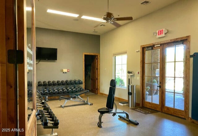 9017 E June Cir, Mesa, AZ 85207 - gym with french doors, ceiling fan, and carpet floors
