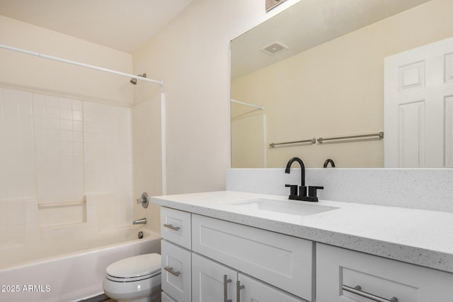 full bath with shower / bath combination, visible vents, toilet, and vanity