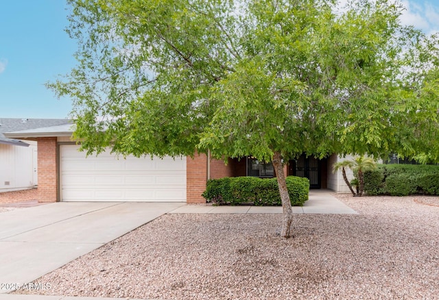 view of property hidden behind natural elements with a garage, brick siding, and driveway