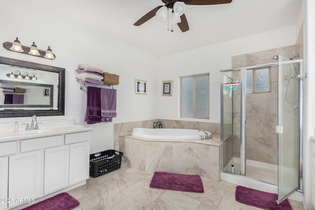 bathroom with vanity, separate shower and tub, and ceiling fan