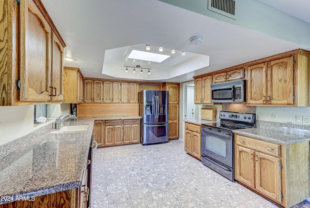 kitchen featuring a skylight, stainless steel appliances, sink, and a tray ceiling