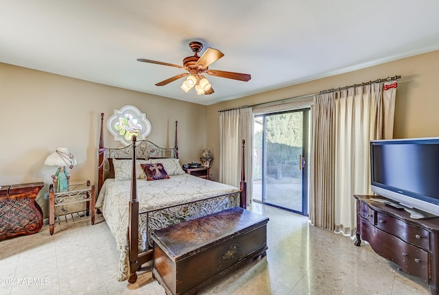 bedroom with access to outside and ceiling fan