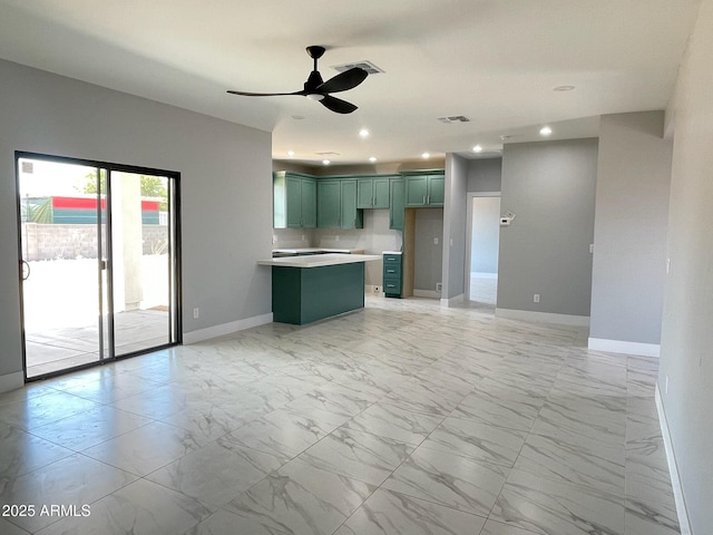 5499 E Red Bird Ln, San Tan Valley, AZ 85140 - unfurnished living room with baseboards, light marble finish flooring, a ceiling fan, and recessed lighting