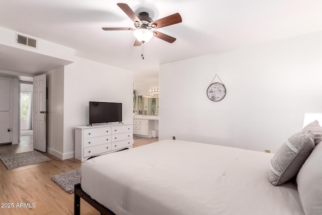 4950 N Miller Rd Unit 200, Scottsdale, AZ 85251 - bedroom with ceiling fan, light wood-style flooring, ensuite bath, visible vents, and baseboards