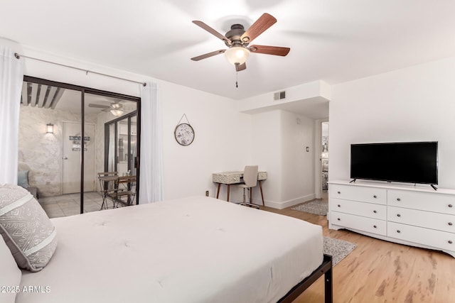 4950 N Miller Rd Unit 200, Scottsdale, AZ 85251 - bedroom featuring light wood-style floors, ceiling fan, visible vents, access to exterior, and baseboards