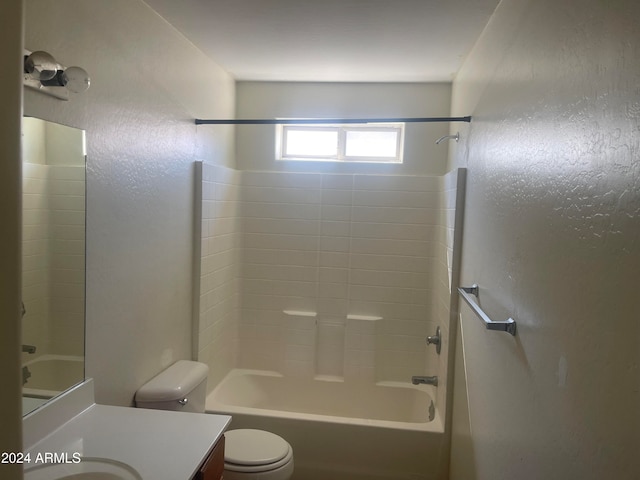 full bathroom with shower / bathing tub combination, vanity, and toilet