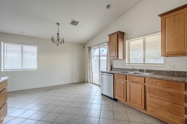 kitchen with stainless steel dishwasher, vaulted ceiling, sink, decorative light fixtures, and a chandelier