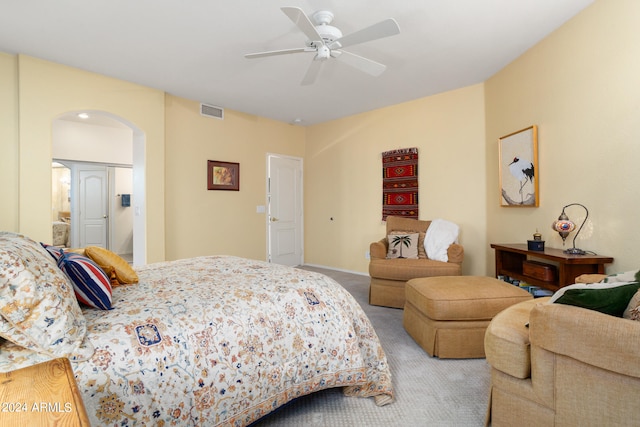 carpeted bedroom with ceiling fan