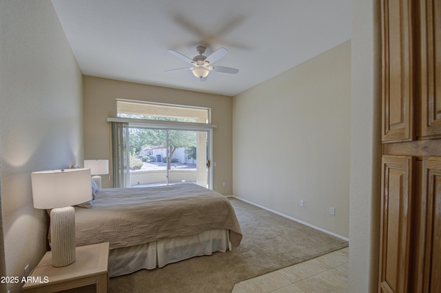 bedroom with ceiling fan, light carpet, and access to outside