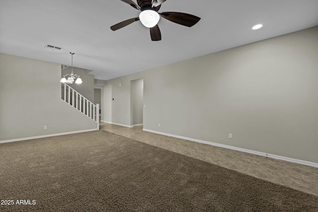 1953 E Lafayette Ave, Gilbert, AZ 85298 - carpeted spare room featuring stairs, a ceiling fan, a chandelier, and recessed lighting