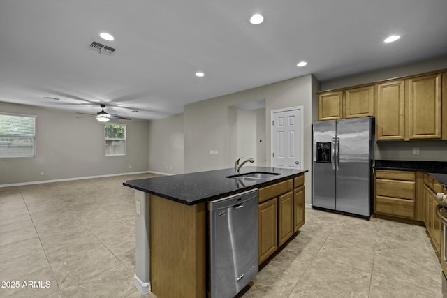1953 E Lafayette Ave, Gilbert, AZ 85298 - kitchen featuring appliances with stainless steel finishes, ceiling fan, recessed lighting, light tile patterned floors, and a center island with sink