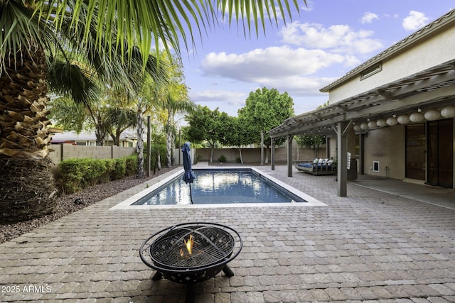 1953 E Lafayette Ave, Gilbert, AZ 85298 - view of swimming pool featuring a fenced backyard, a pergola, a patio, and a fire pit