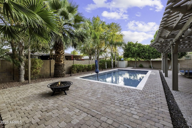 1953 E Lafayette Ave, Gilbert, AZ 85298 - view of swimming pool featuring an outdoor fire pit, a fenced backyard, a pergola, and a patio