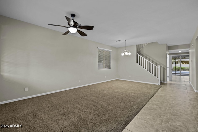 1953 E Lafayette Ave, Gilbert, AZ 85298 - unfurnished living room with stairs, a chandelier, and a ceiling fan