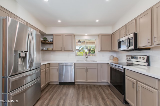 4325 W Sierra St, Glendale, AZ 85304 - kitchen featuring appliances with stainless steel finishes, open shelves, a sink, backsplash, and light countertops