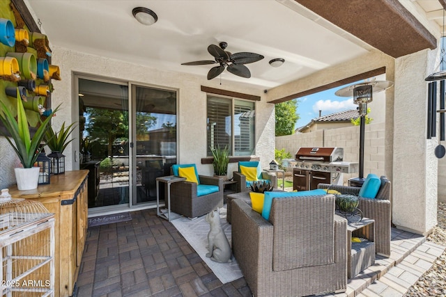 13088 N 91st Dr, Peoria, AZ 85381 - view of patio / terrace with a ceiling fan, a grill, outdoor dining space, and an outdoor living space