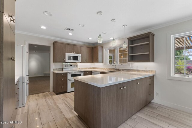 143 E Winter Dr, Phoenix, AZ 85020 - kitchen with white appliances, a peninsula, a sink, light countertops, and crown molding