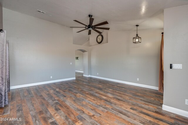 unfurnished room with ceiling fan, high vaulted ceiling, and wood-type flooring