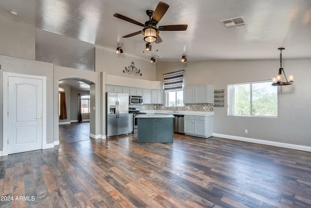 kitchen featuring dark hardwood / wood-style floors, ceiling fan with notable chandelier, stainless steel appliances, and a center island