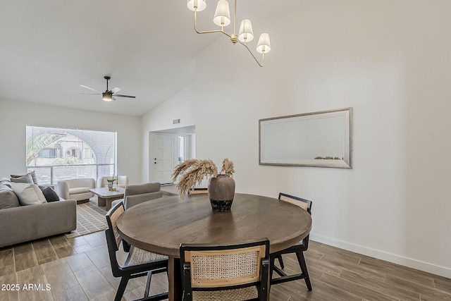2307 W Nido Ave, Mesa, AZ 85202 - dining space with wood finished floors, a ceiling fan, baseboards, and high vaulted ceiling
