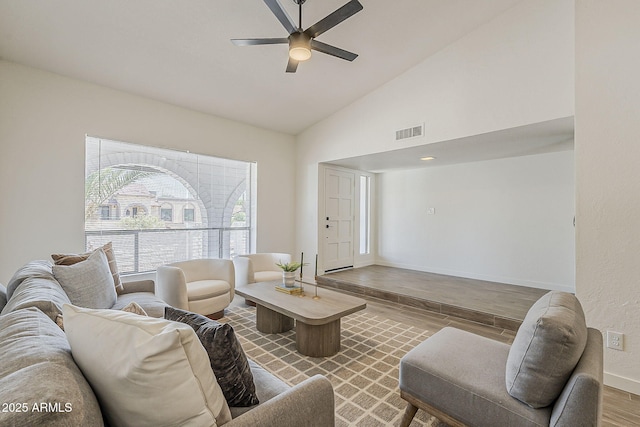 2307 W Nido Ave, Mesa, AZ 85202 - living area featuring wood finished floors, a ceiling fan, baseboards, and high vaulted ceiling