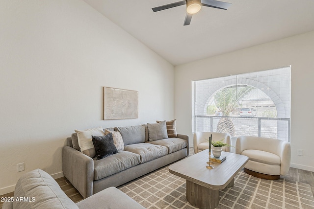 2307 W Nido Ave, Mesa, AZ 85202 - living room with wood finished floors, baseboards, ceiling fan, and lofted ceiling