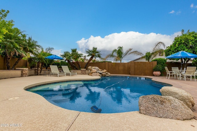 view of swimming pool with a patio area, a fenced in pool, and a fenced backyard