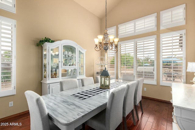 dining area featuring baseboards, high vaulted ceiling, a chandelier, and dark wood-style flooring