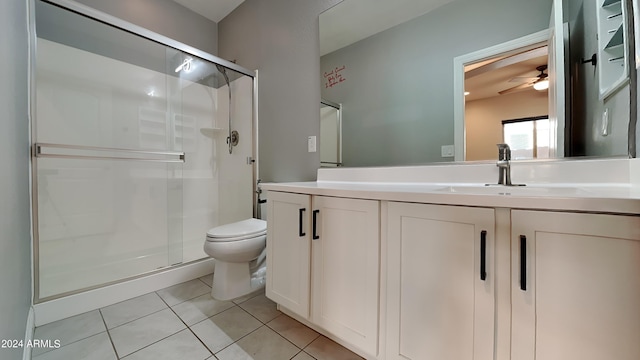 bathroom with ceiling fan, toilet, an enclosed shower, vanity, and tile floors