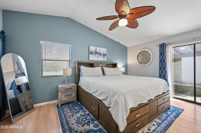 bedroom featuring ceiling fan, light hardwood / wood-style flooring, and vaulted ceiling