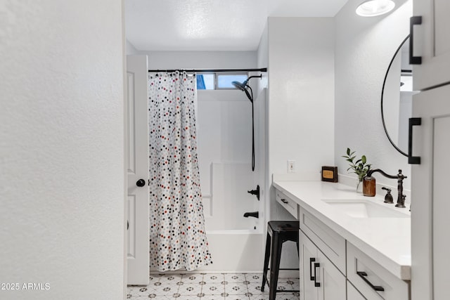 bathroom featuring vanity and shower / bath combination with curtain