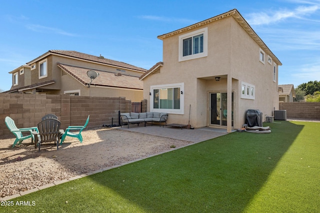 back of property with a yard, central AC, a patio area, and outdoor lounge area