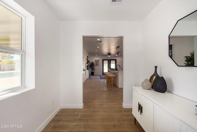 corridor featuring dark hardwood / wood-style flooring, sink, and plenty of natural light